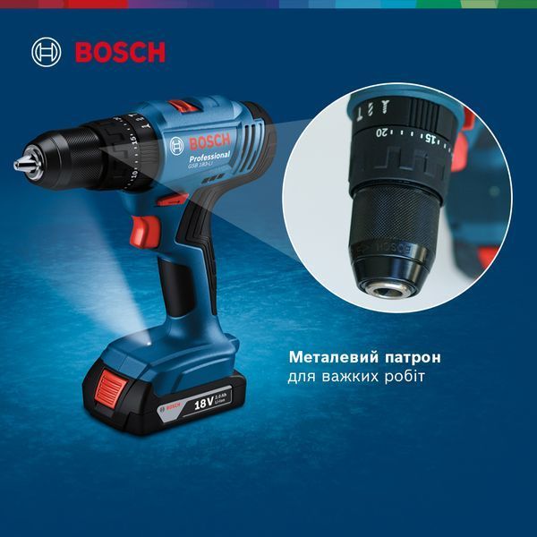 Акумуляторний ударний дриль-шуруповерт GSB 183-LI + 2 x АКБ GBA 18V 2.0Ah + ЗП GAL 18V-20 Bosch Professional, артикул: 06019K9100, код товару: TLB-04239 фото