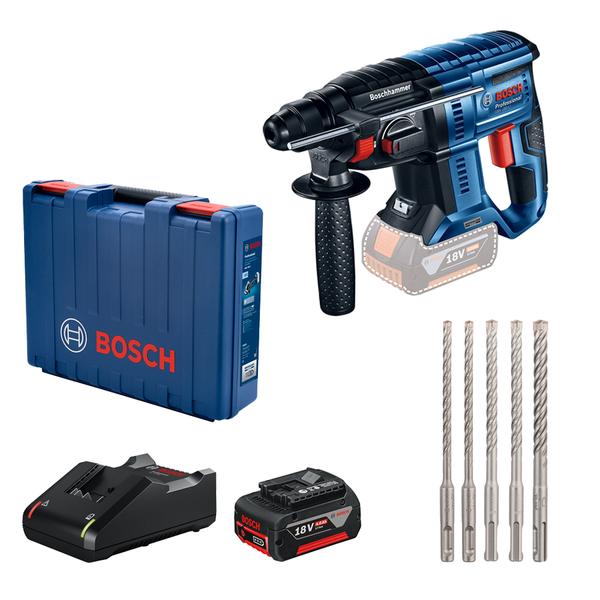 Акумуляторний перфоратор з SDS plus GBH 180-LI + 1 х АКБ GBA 18V 4.0Ah + набір приладдя SDS Plus Bosch Professional, артикул: 0615990M9C, код товару: TLB-04119 фото